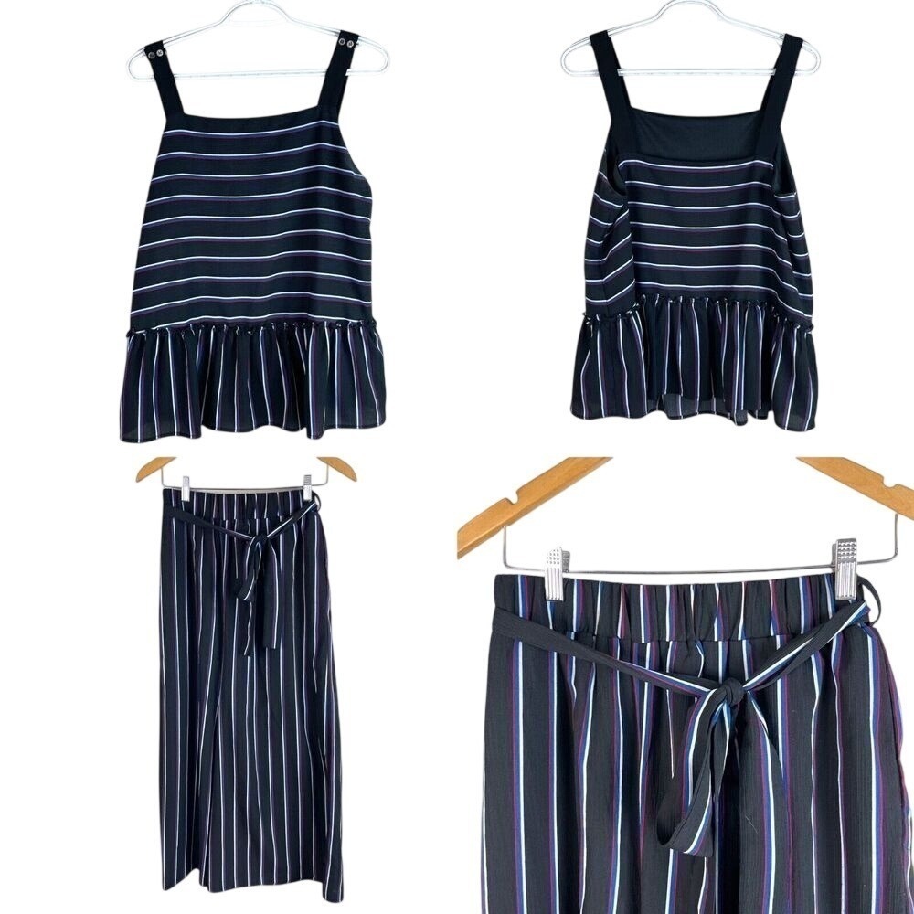 Doe & Rae Striped 2 Piece Set Womens S/M Navy Blue Peplum Top Wide Leg Pants